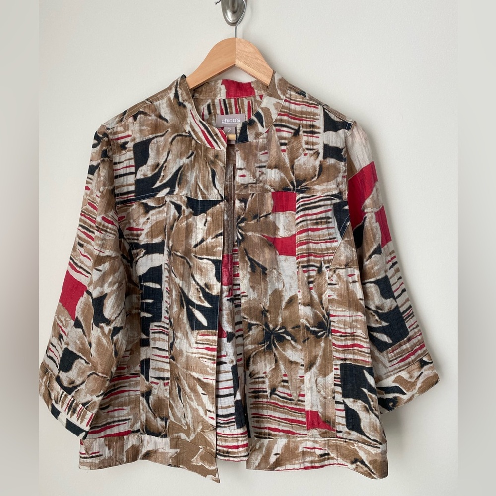 Womens Chicos Unlined Geometric Open Jacket 3/4 Band Button Sleeves Band Hem 2
